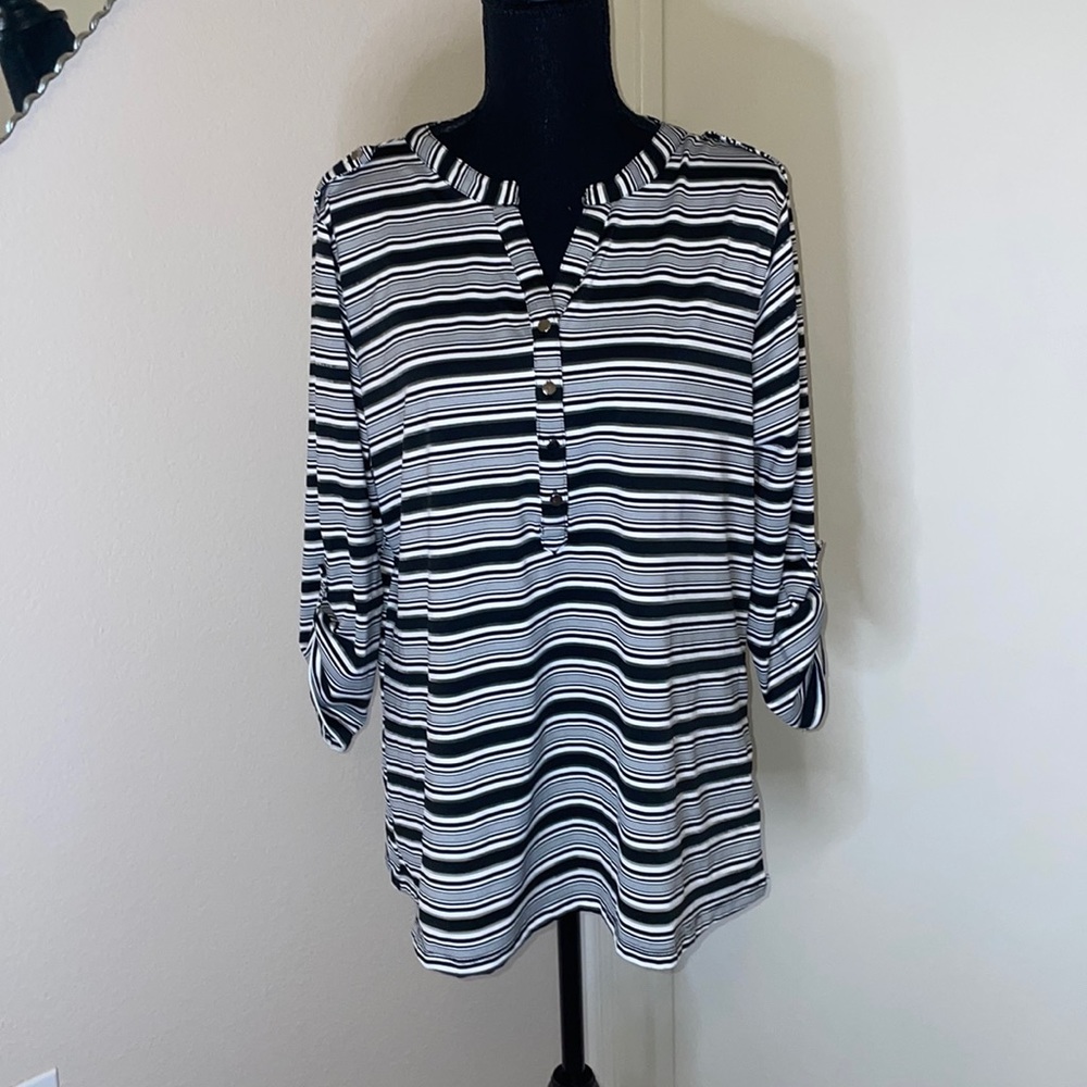 Cathy Black and White Stripe 3/4 length Sleeve Blouse